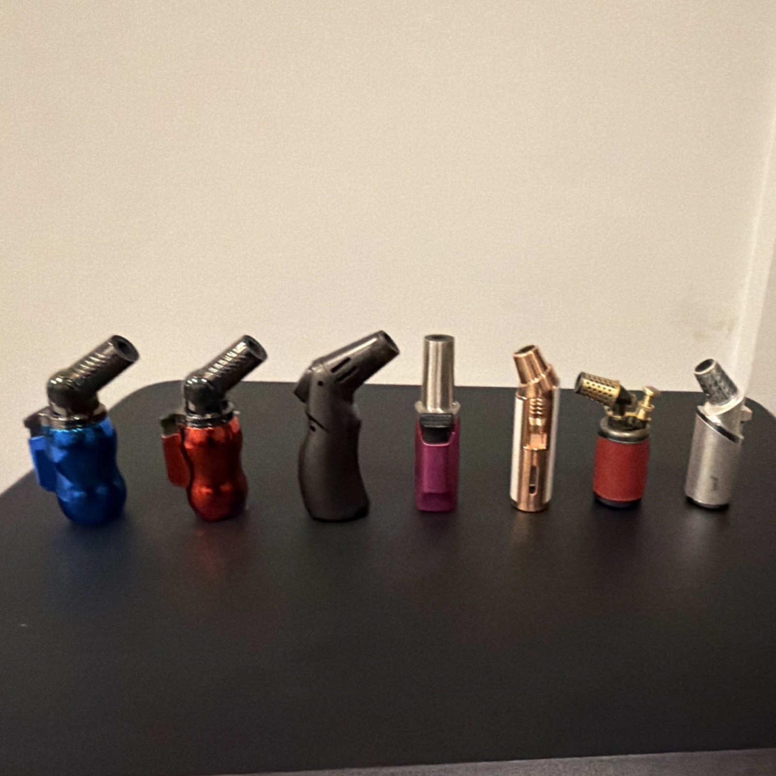 Lot of 6 Assorted Refillable Butane Torch Jet Flame Lighters, Blue Flame