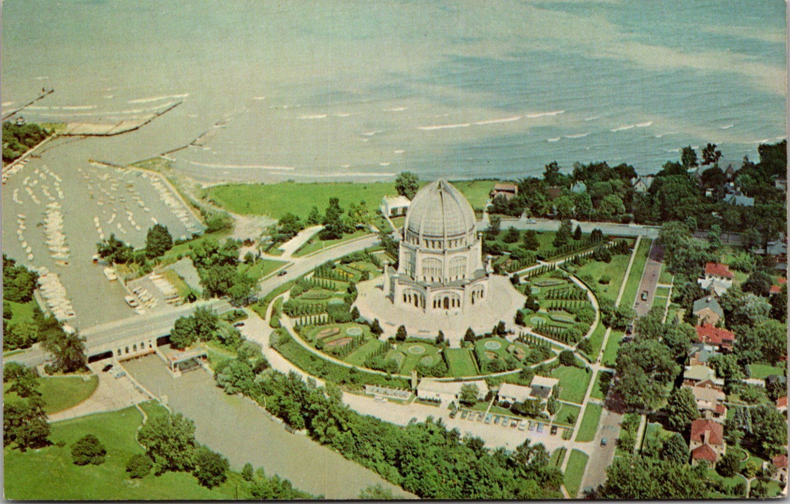 Wilmette Illinois IL Baha\'i House of Worship Church Aerial View 1960s Postcard