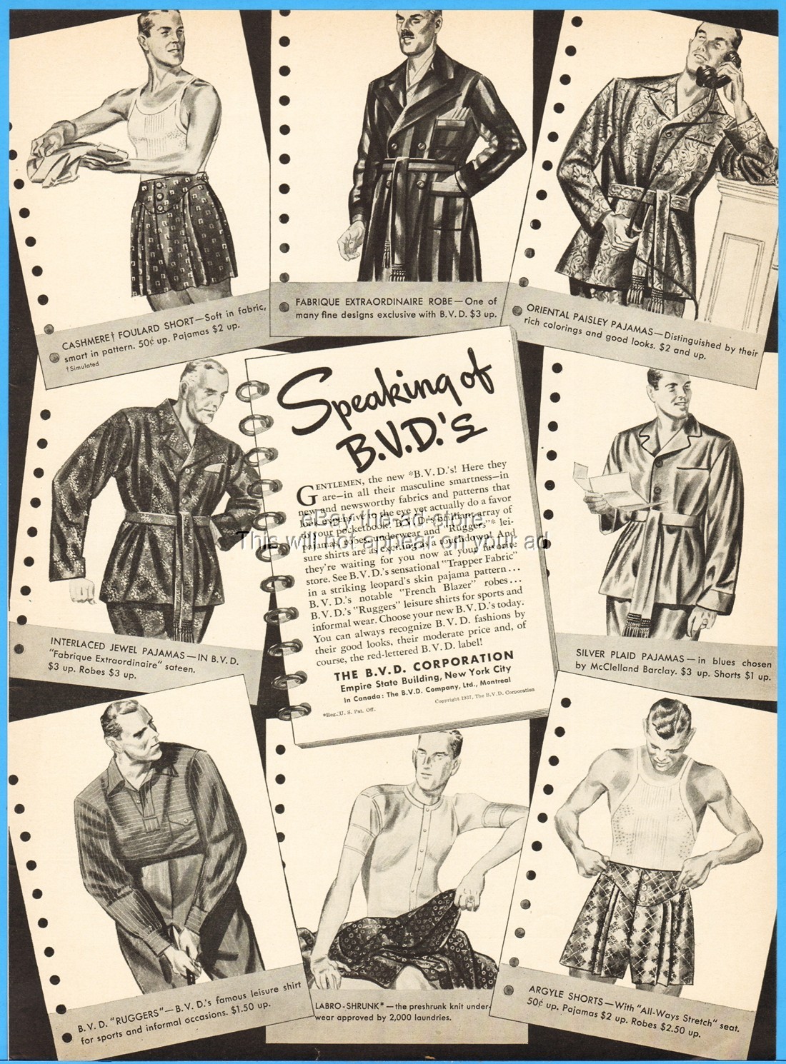 1937 BVD Men\'s Underwear Shorts Robe Pajamas Shirt 1930s Fashion Clothing Ad