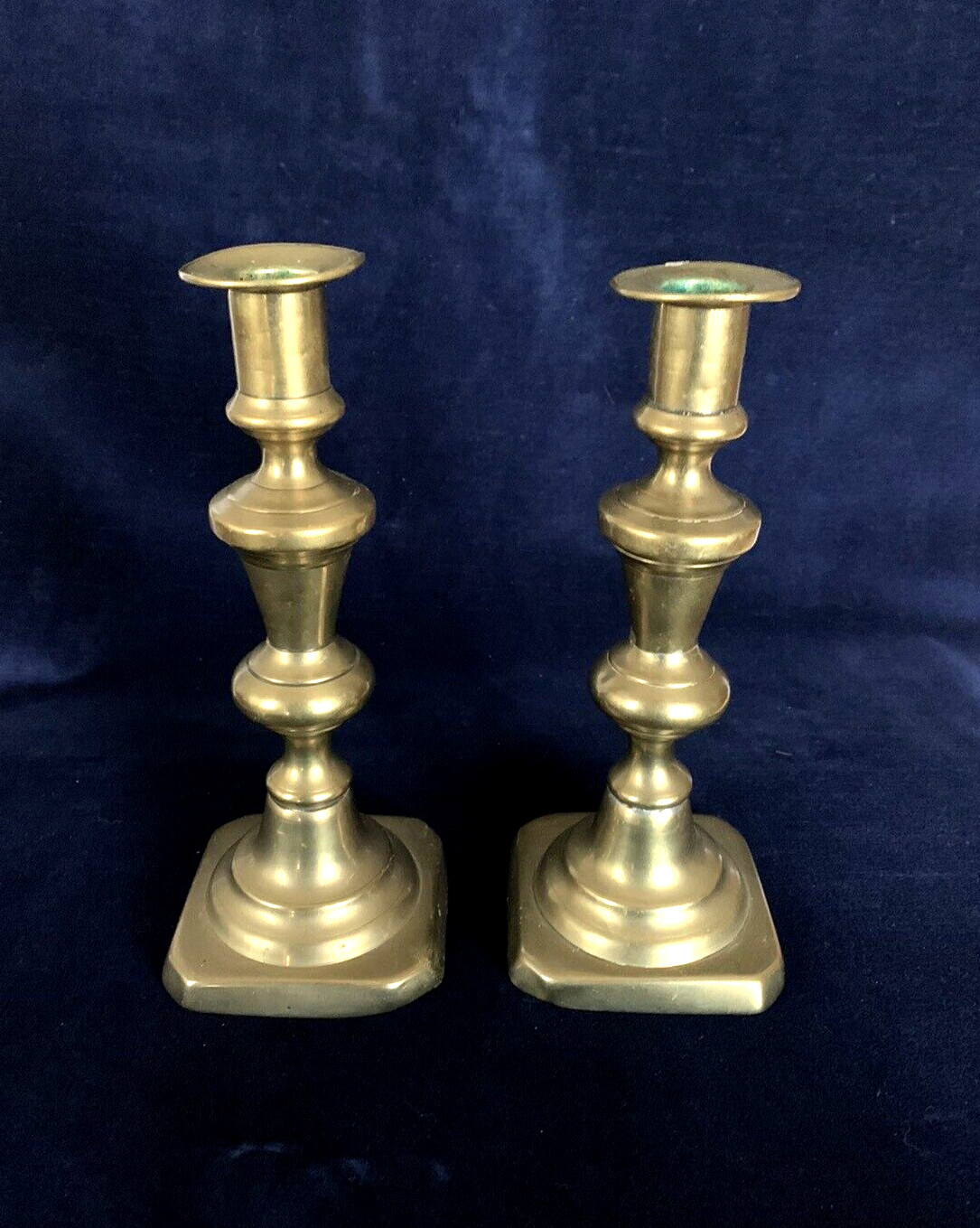 Pair Early 1800s Antique English Brass Forged 8.5” Pushup Candle Holders Sticks