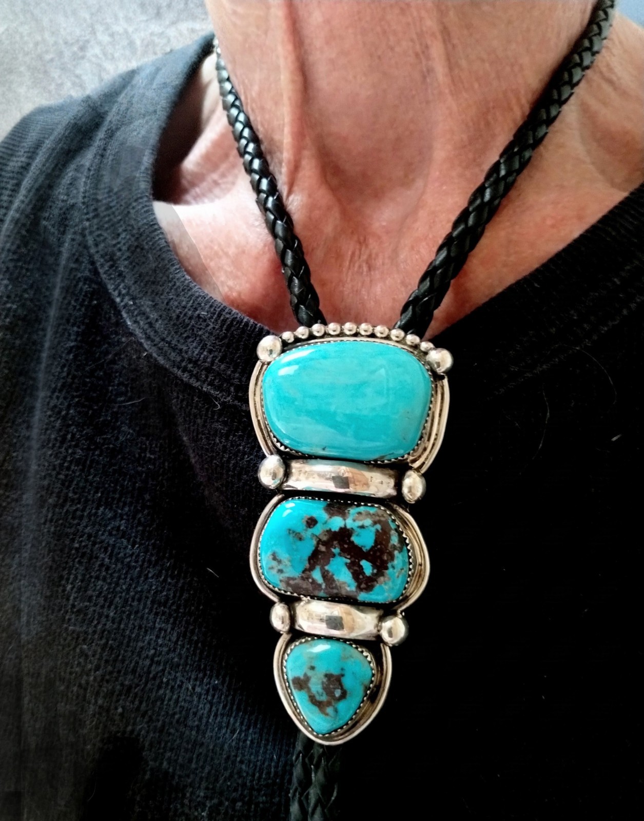 NAVAJO BOLO NECKLACE Sleeping Beauty Morenci Turquoise Tips Thick Black Leather 