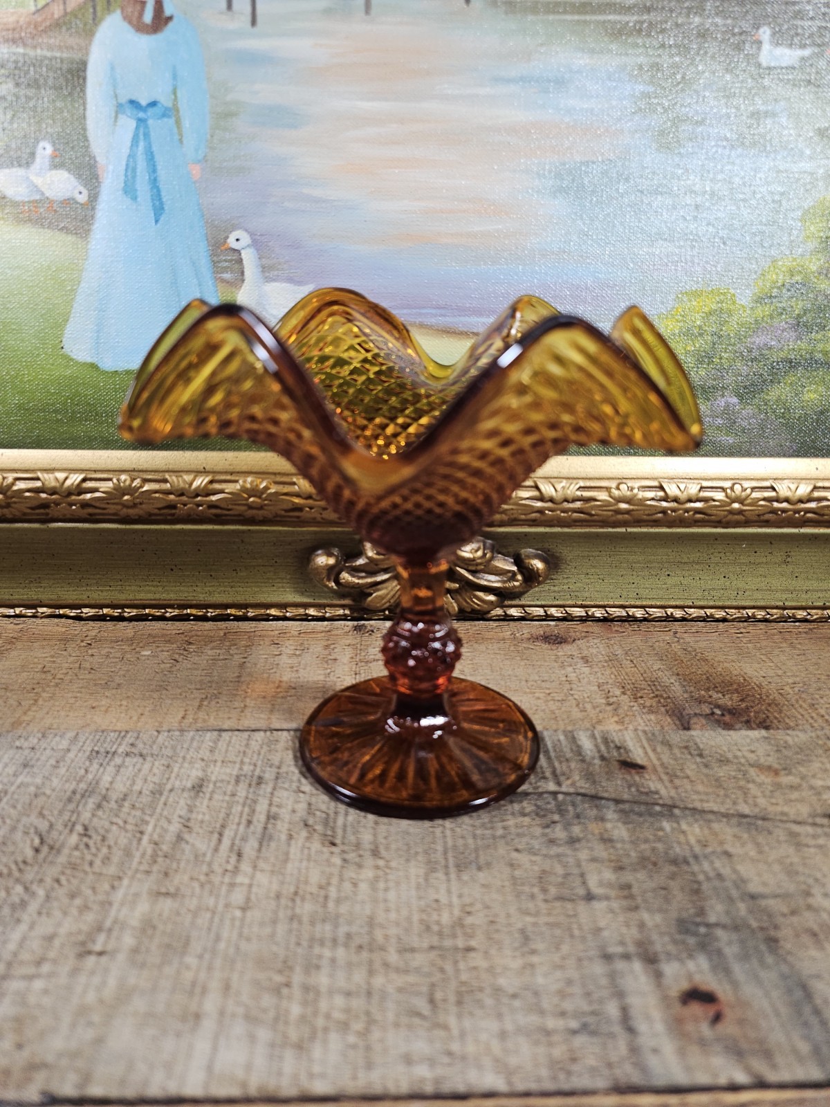 VTG Indiana Amber Glass Diamond Point Fluted Pedestal Compote