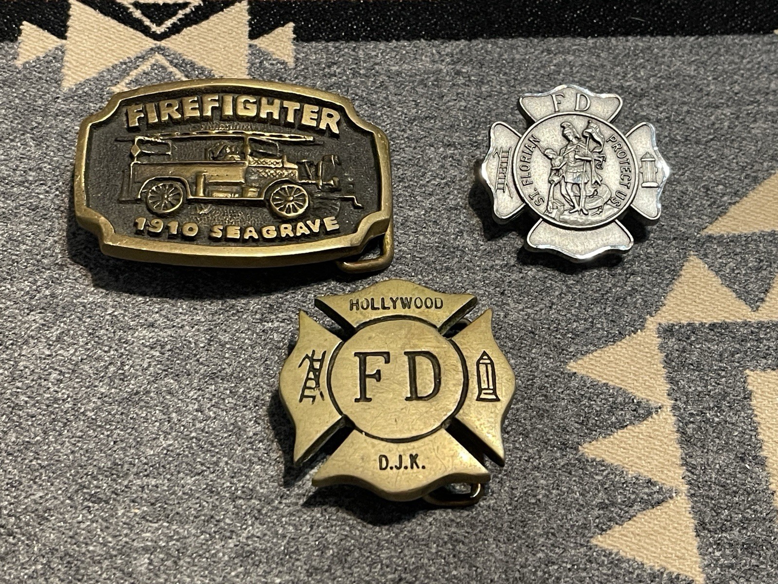 Vintage Firefighter Belt Buckle Lot St Florian Seagrave Brass Pin C