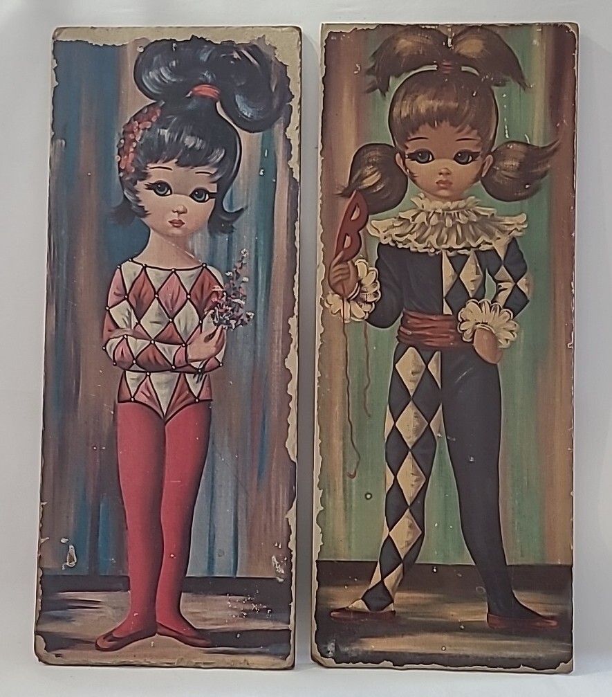 Vintage 1960s Soroka Eden Big Eye Girls Moppet Harlequin Lot Of 2 Art Work Old ⬇