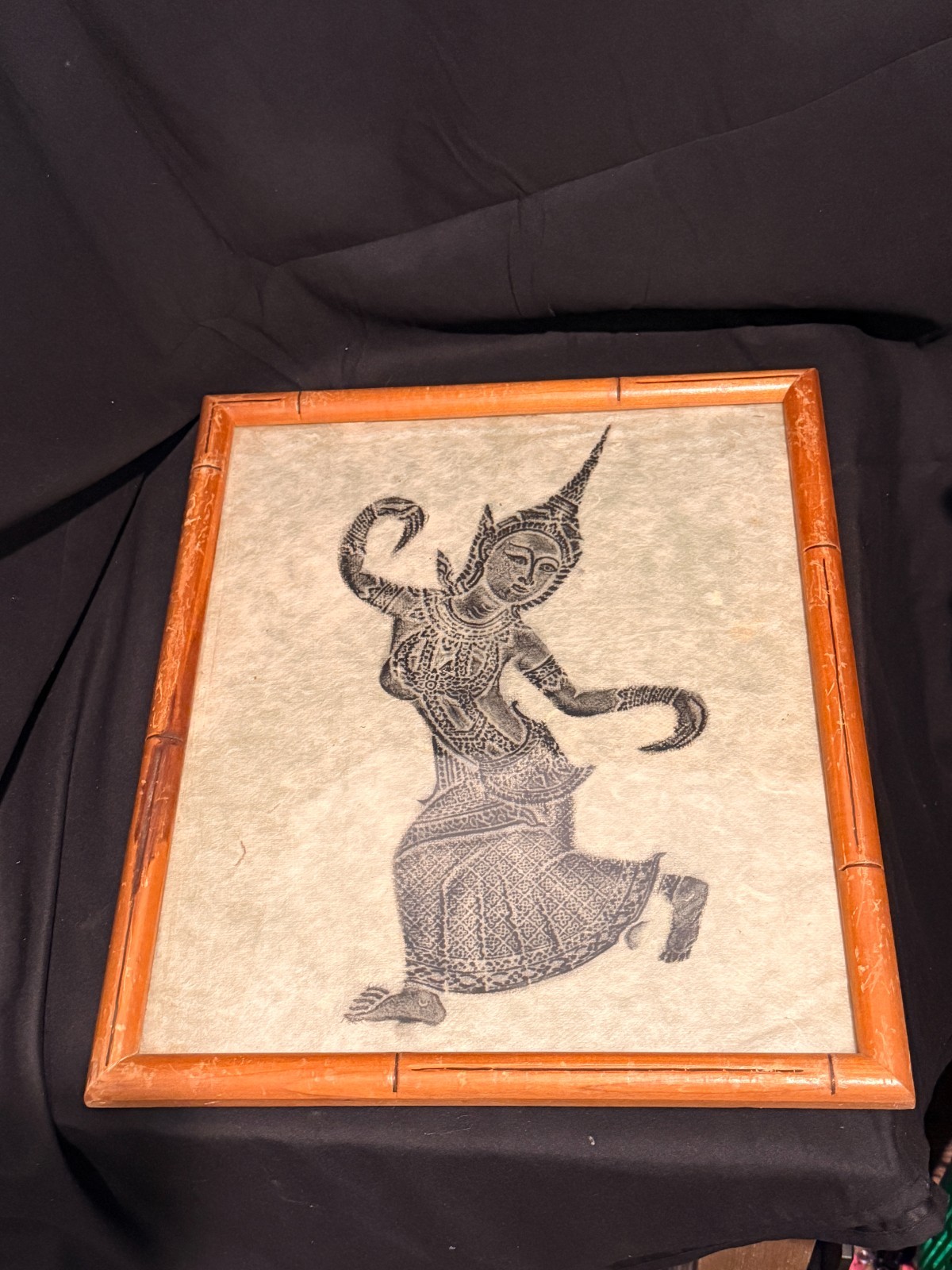 Framed Thai Temple Dancer Print Rice Paper Bamboo Style Frame 19.5x16.5
