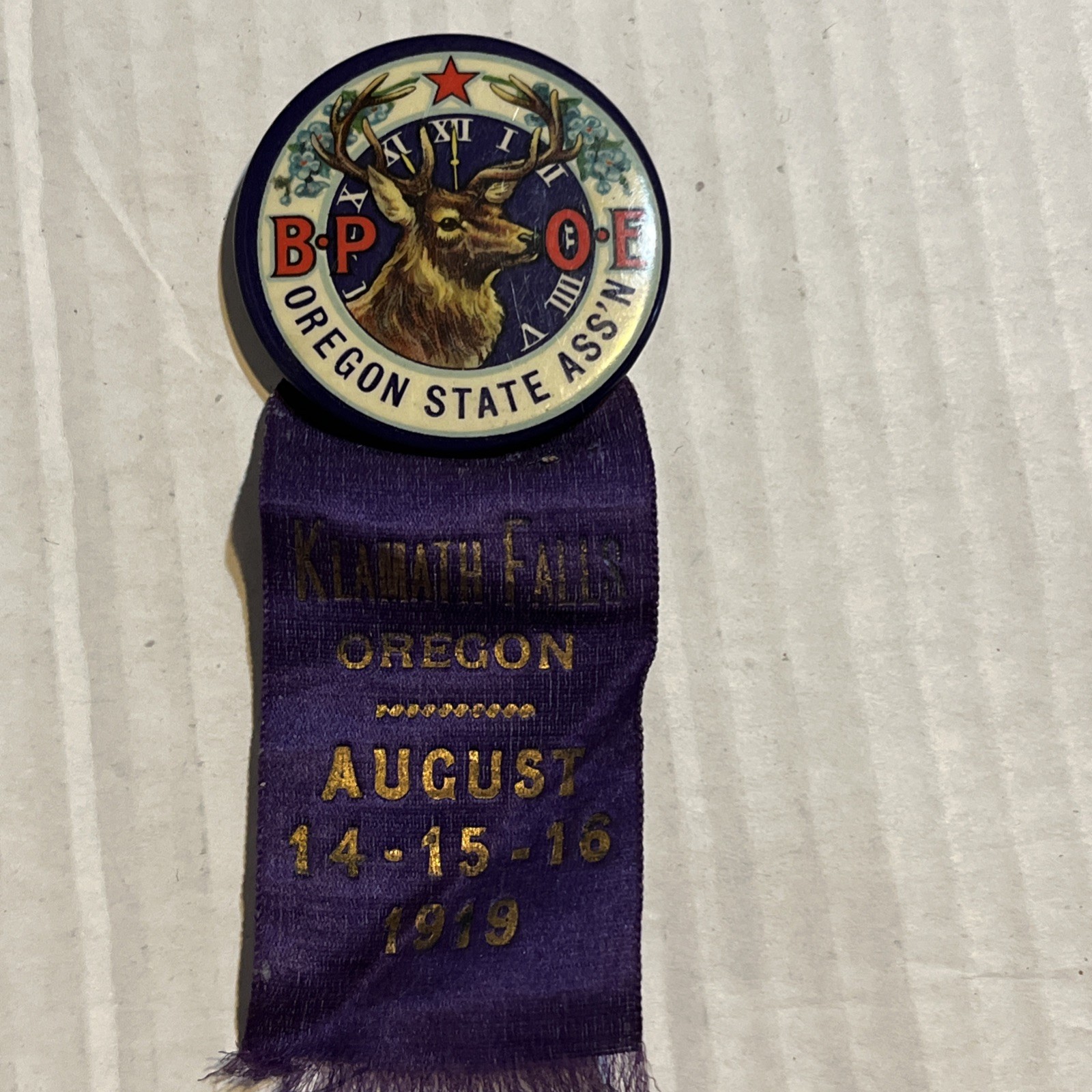 Antique Benevolent and Protective Order of Elks Pinback B.P.O.E Oregon 1919