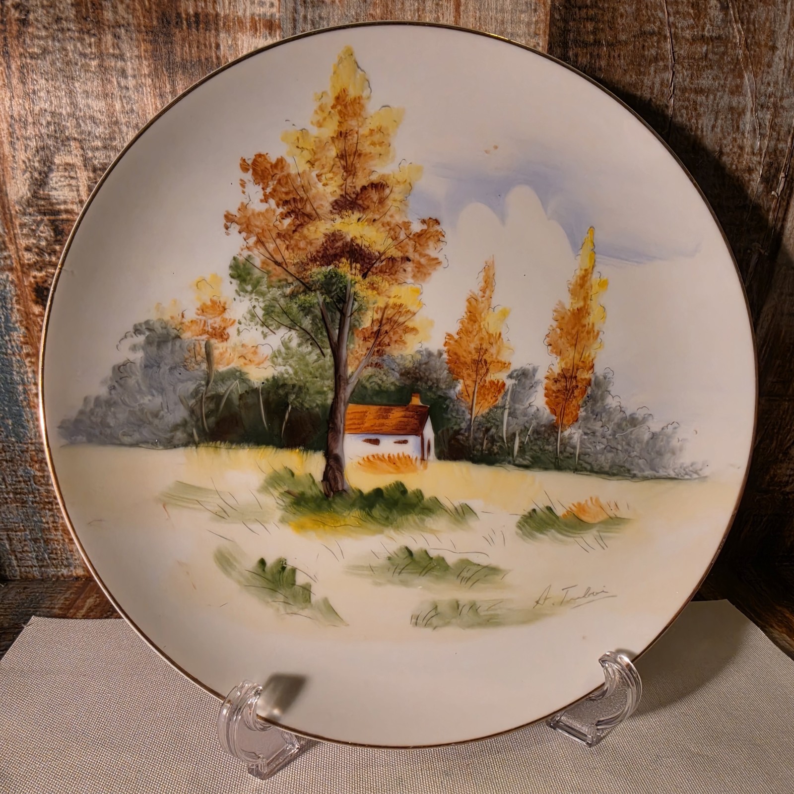 Vintage Enesco Dinner Plate Hand Painted by Y. Mizutani Japan Lake Scene Swan