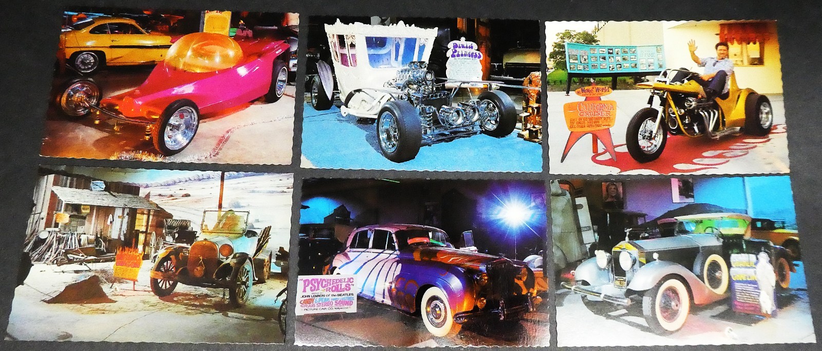 SIX VINTAGE MOVIE WORLD CAR'S OF THE STARS FAMOUS CUSTOM CAR POSTCARDS MINT COND