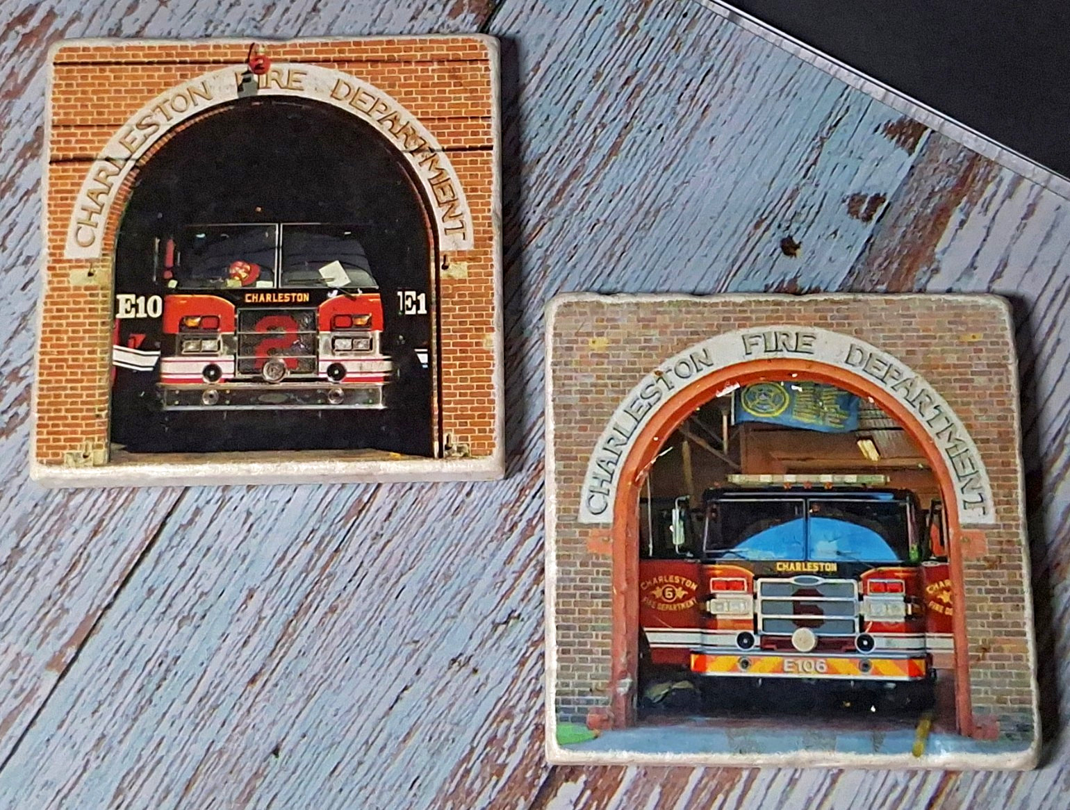 2 Vintage Charleston Fire Department Stone Tile Coasters Hand Signed C Ellsworth