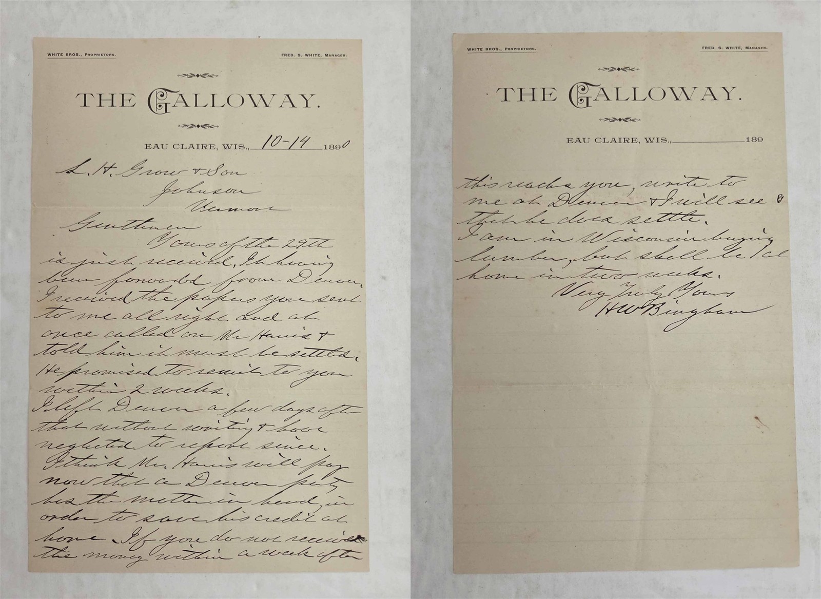 1896 antique THE GALLOWAY eau claire wi HOTEL L.H. GROW & SON letterhead