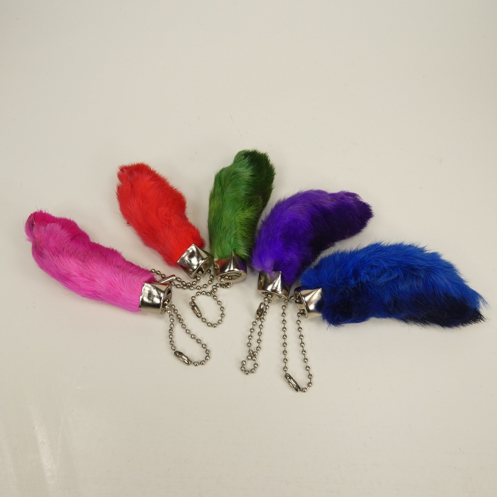 Five (5) New Real Rabbits Foot Red, Blue, Green, Purple, Pink  /w ball chain.