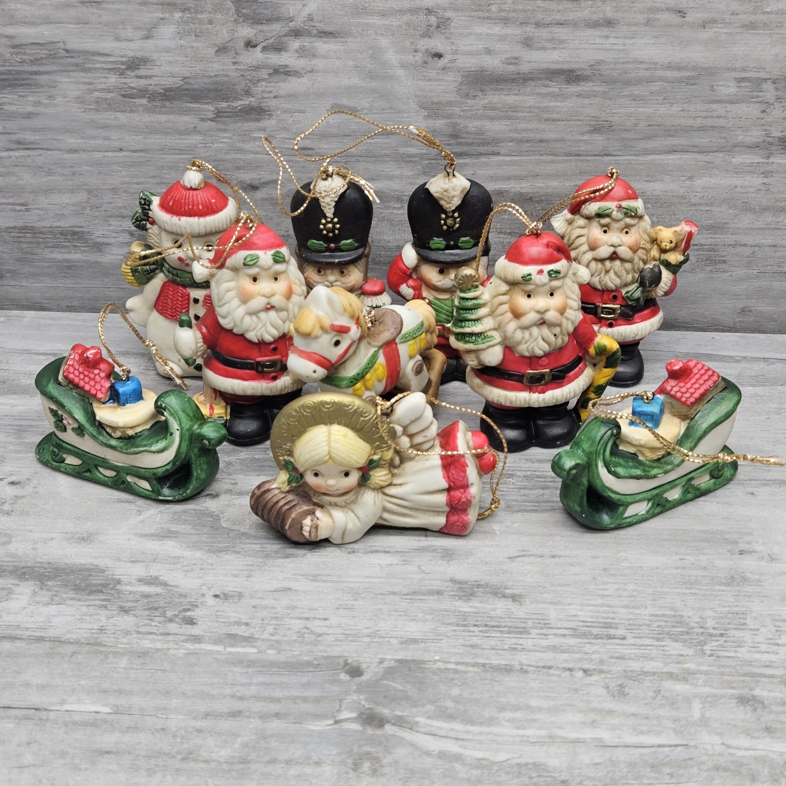 Vtg Brinn's Christmas Ornament Lot (10) Ceramic Santa Claus Sleigh Angel Soldier Vtg Brinn's Christmas Ornament Lot (10) Ceramic Santa Claus Sleigh Angel Soldier