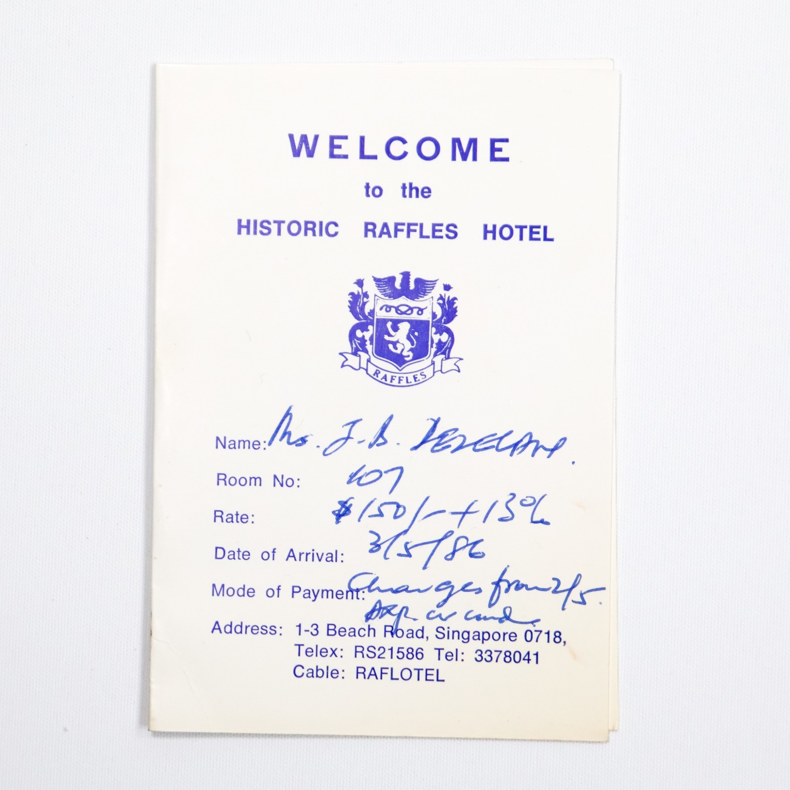 Vintage Historic Raffles Hotel Welcome Card 1986 Information Booklet Cardboard Vintage Historic Raffles Hotel Welcome Card 1986 Information Booklet Cardboard