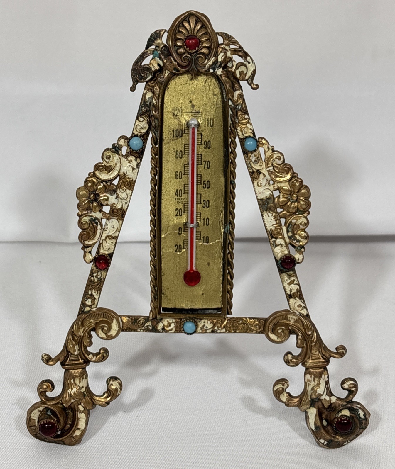 Antique Jeweled Enameled Ormolu Brass Bronze Desk Thermometer Easel Stand