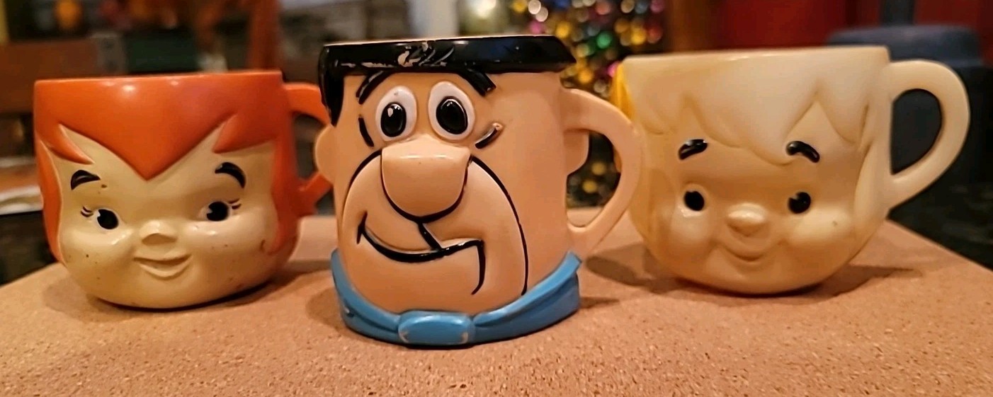 Fred Flintstone Pebbles & Bam Bam Plastic Vitamins Promotional Mugs Set 3 1968