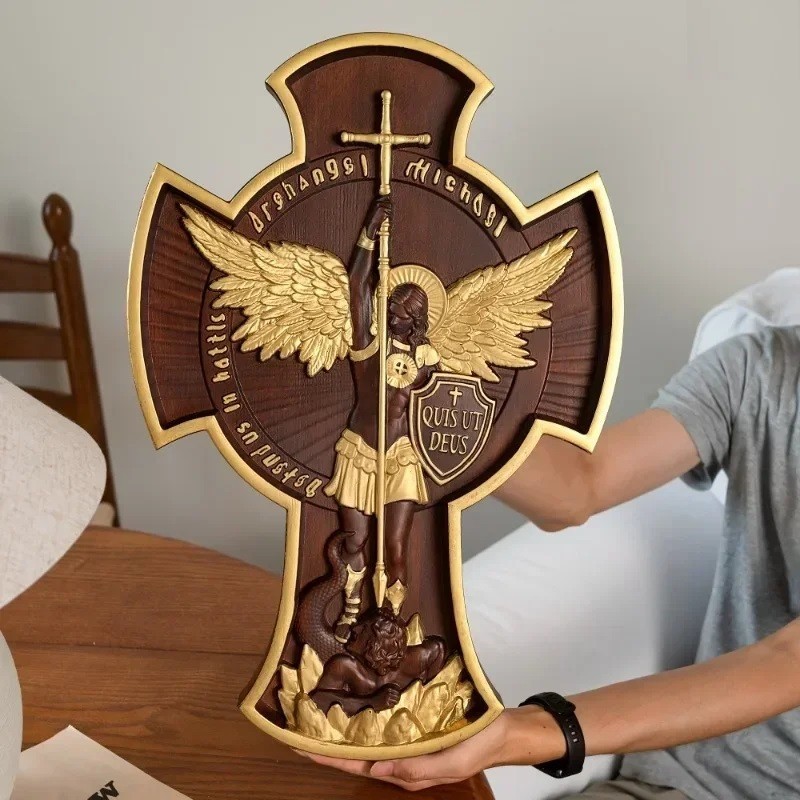 Wooden Saint Michael 25cm Golden Enamel Archangel Cross Statue Religious Decors