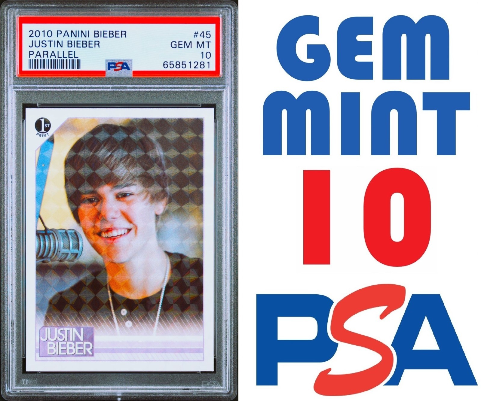 2010 Panini Justin Bieber #45 PARALLEL Prism Card RC * POP 1 * GEM MINT * PSA 10 2010 Panini Justin Bieber #45 PARALLEL Prism Card RC * POP 1 * GEM MINT * PSA 10