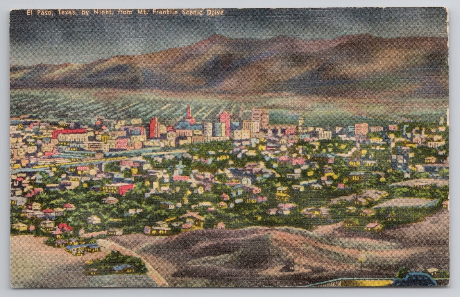 Postcard El Paso By Night From Mt Franklin Scenic Drive Texas TX Bird\'s Eye View