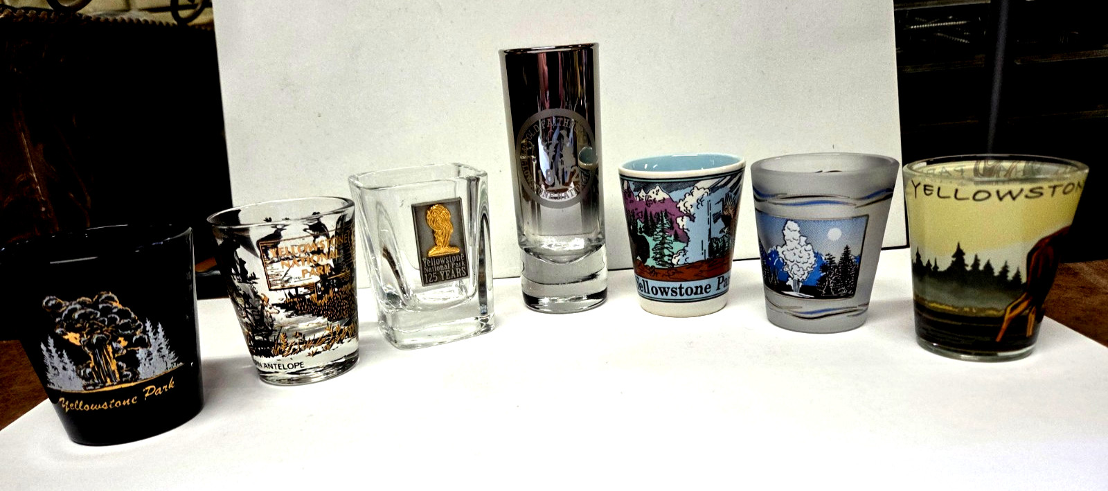 Vintage Set 7 YELLOWSTONE NATIONAL PARK Souvenir SHOT GLASSES 1 oz Vintage Set 7 YELLOWSTONE NATIONAL PARK Souvenir SHOT GLASSES 1 oz
