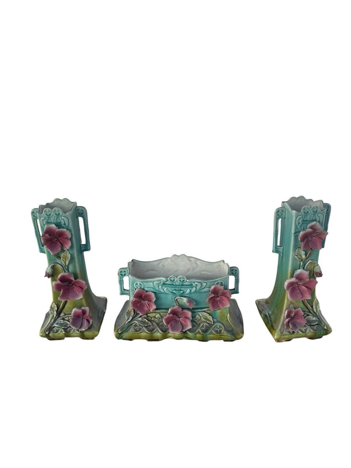 Vintage Belgian Art Nouveau Barbotine Majolica Floral Vase Garniture Set Signed