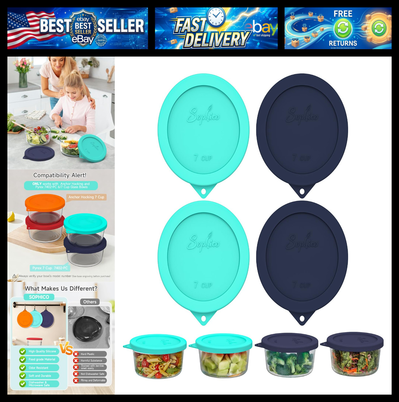 SOPHICO 7Cup Round Silicone Lid Replacement for Pyrex&AnchorHocking 7402-PC