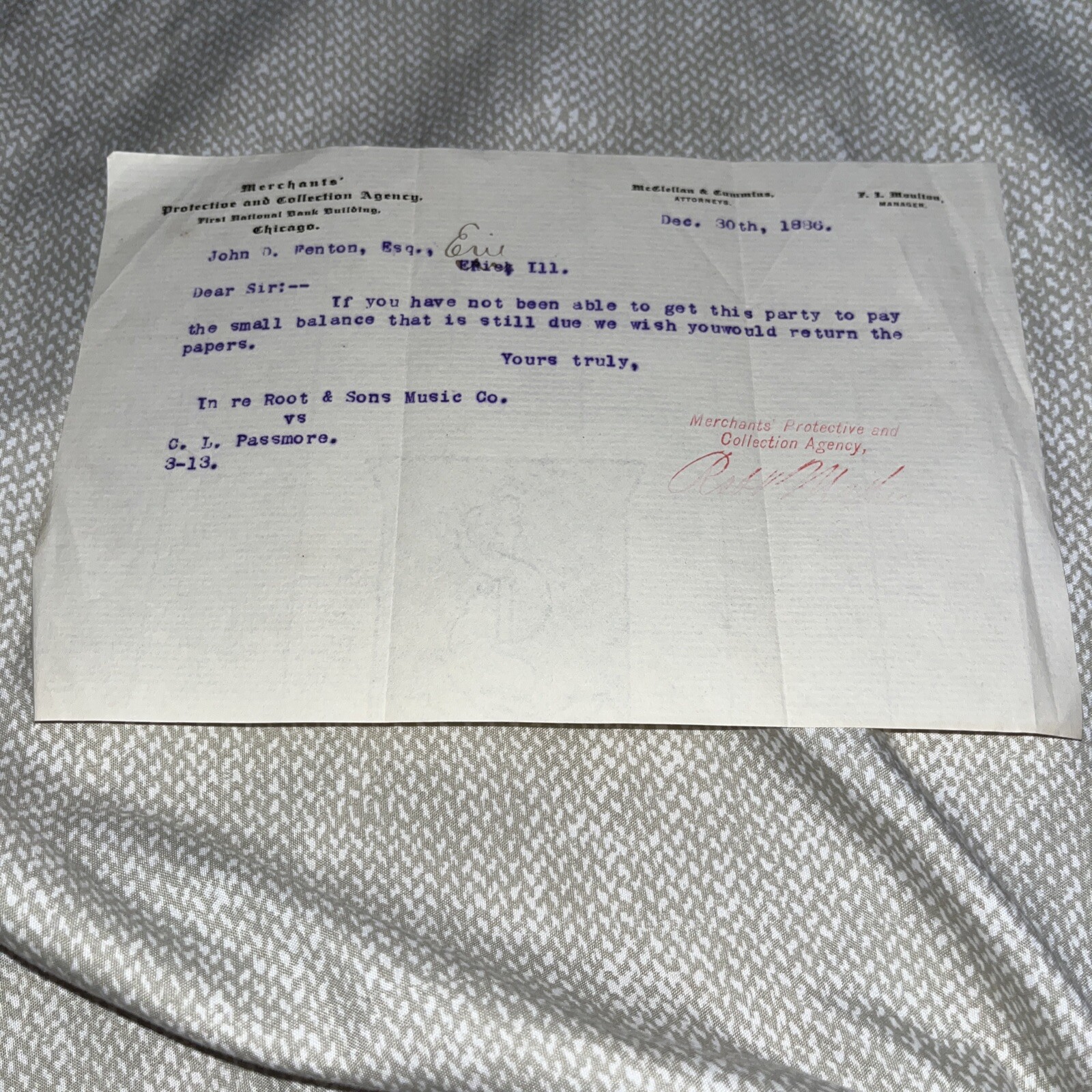 1886 Letter from Merchants’ Protective and Collection Agency Chicago to Attorney