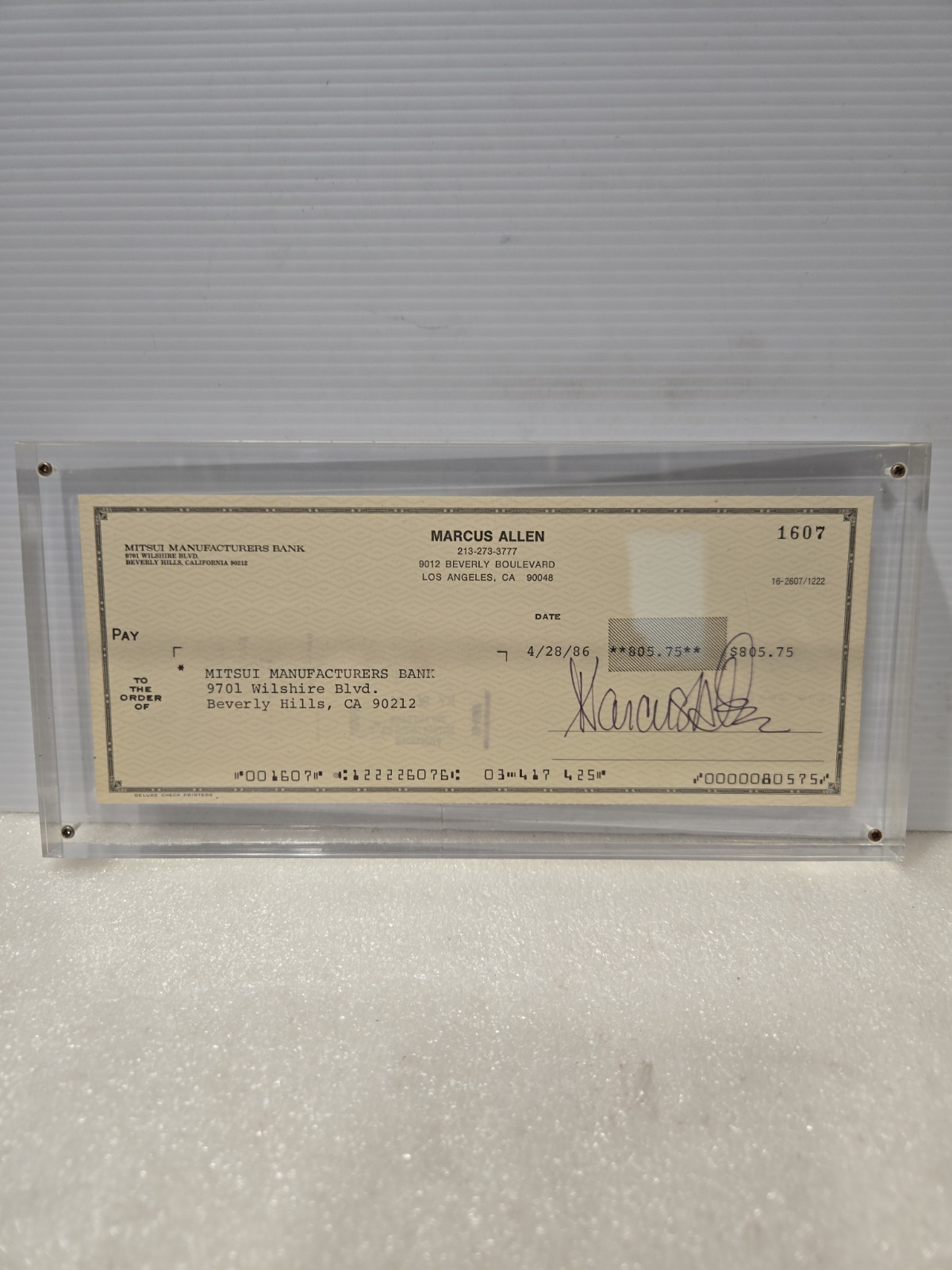 Marcus Allen (NFL Raiders / Chiefs) Signed Cancelled Check in Slab