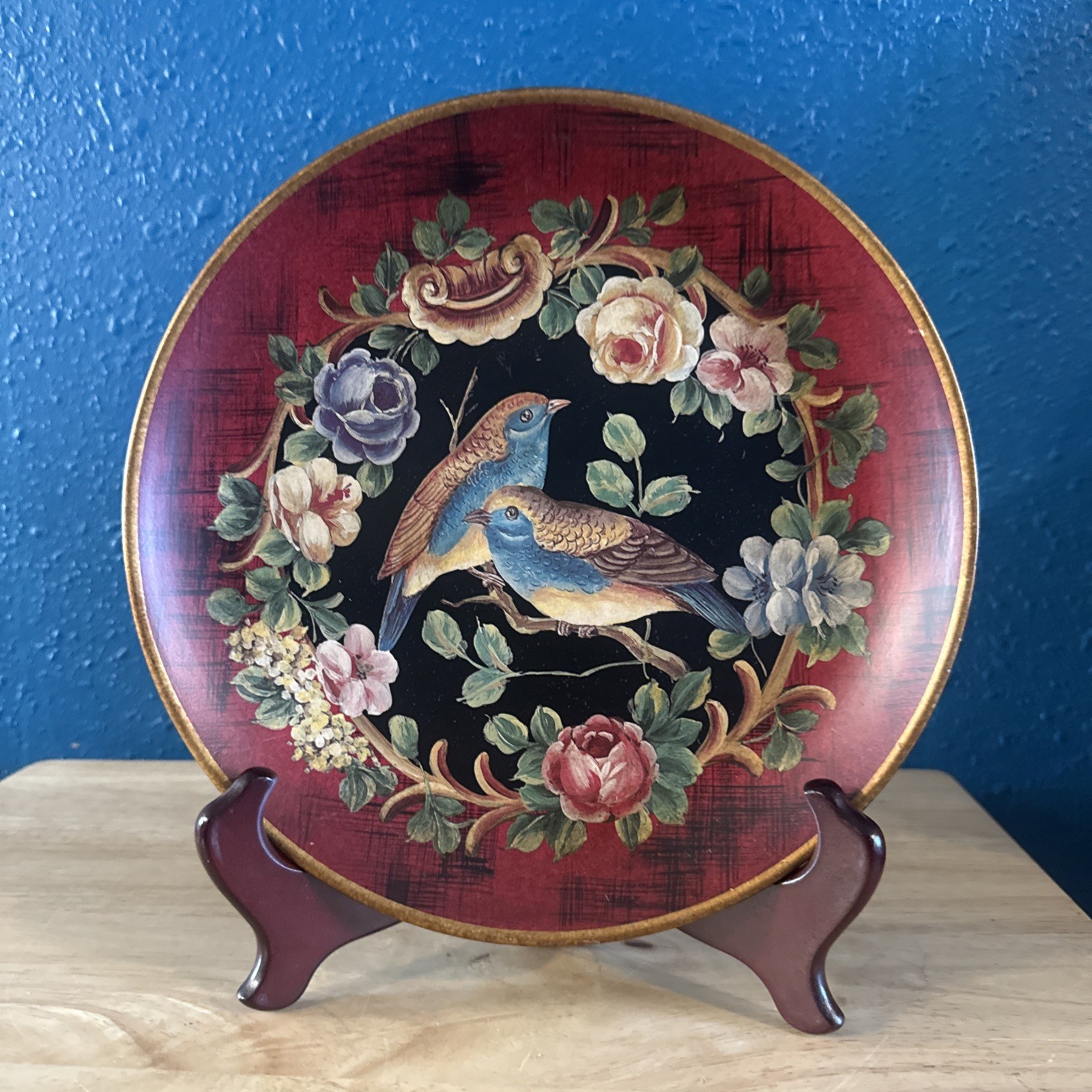 10” Decorative Bird Floral Plate Bluebirds Roses Gold Rim & stand Made in China