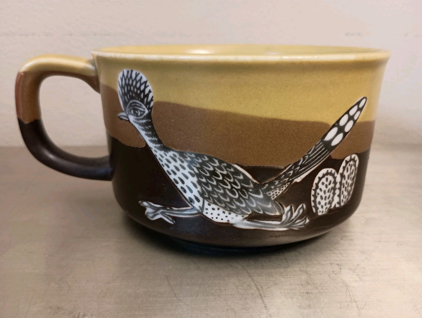 Vintage Otagiri  Brown Tan Stoneware - MCM Roadrunner Cactus Soup/ Mug 70\'s