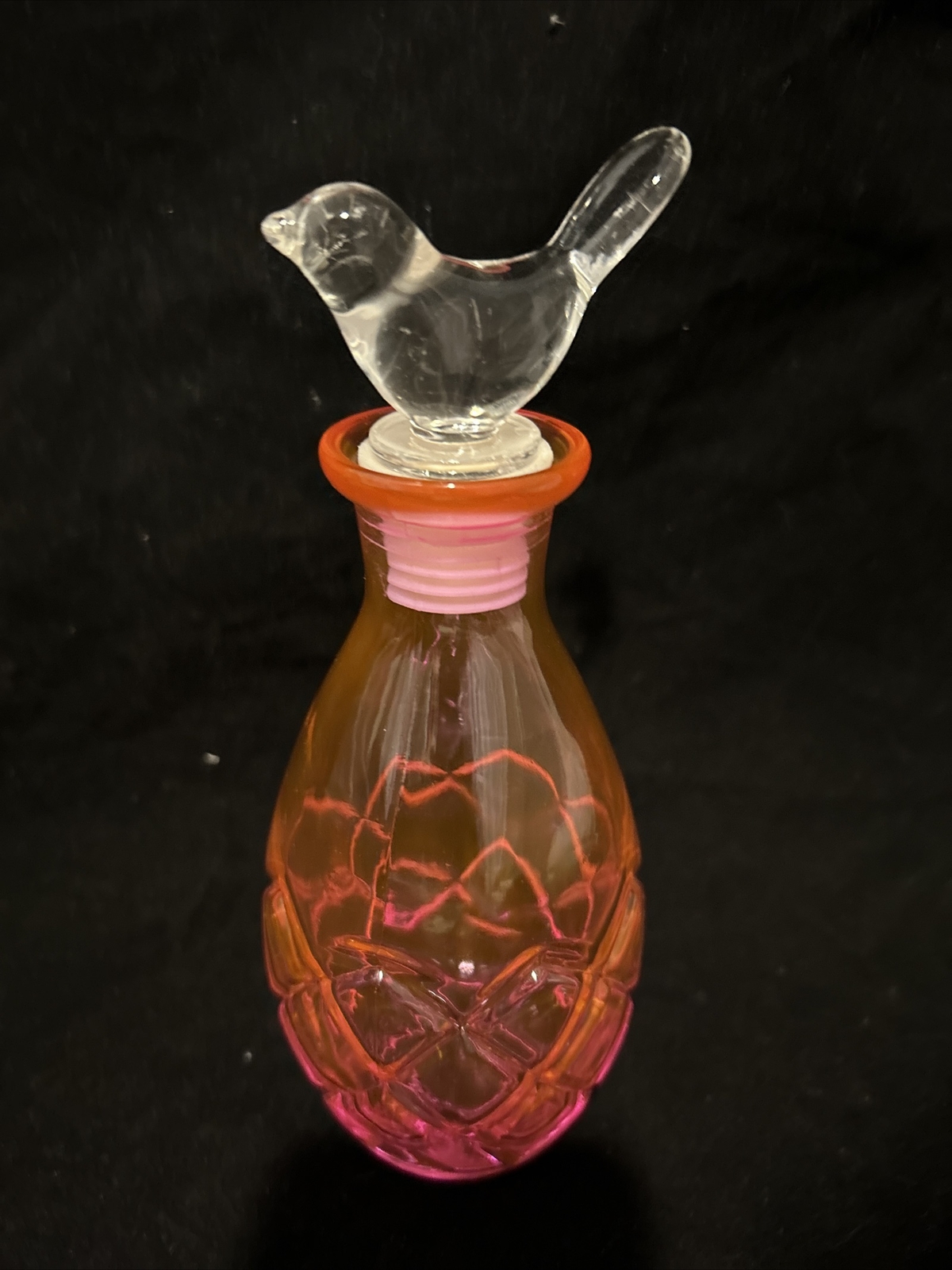 Vtg very pretty Pink Glass 8”perfume bottle glass bird stopperGift Vanity Decor Vtg very pretty Pink Glass 8”perfume bottle glass bird stopperGift Vanity Decor