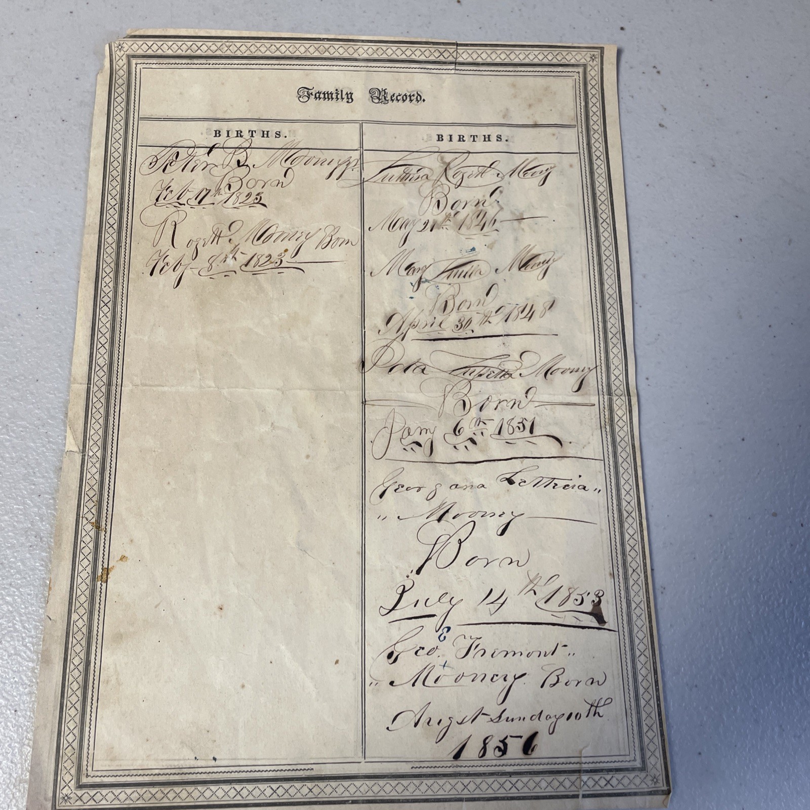 Antique Pre Civil War Mooney Family Bible Page 1800s 1823-1853 Ephemera