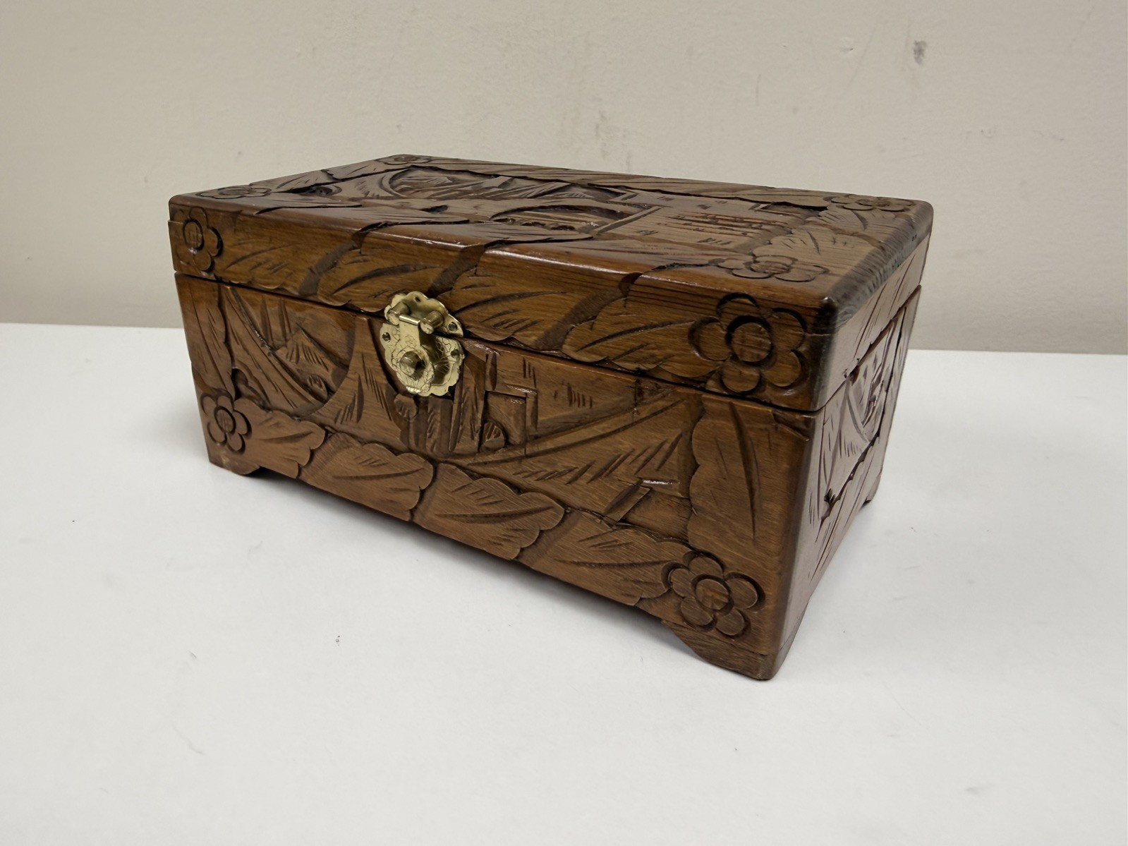 Antique Chinese Camphor Wood Hand Carved Hinged Box 9\