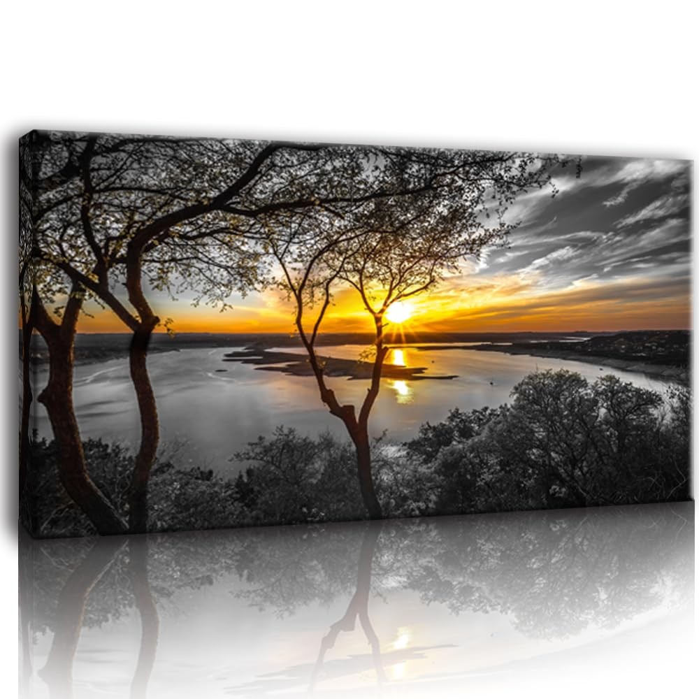 Bamdeya Black And White Canvas Wall Art Bedroom Lake Tree Print Art Forest Gold