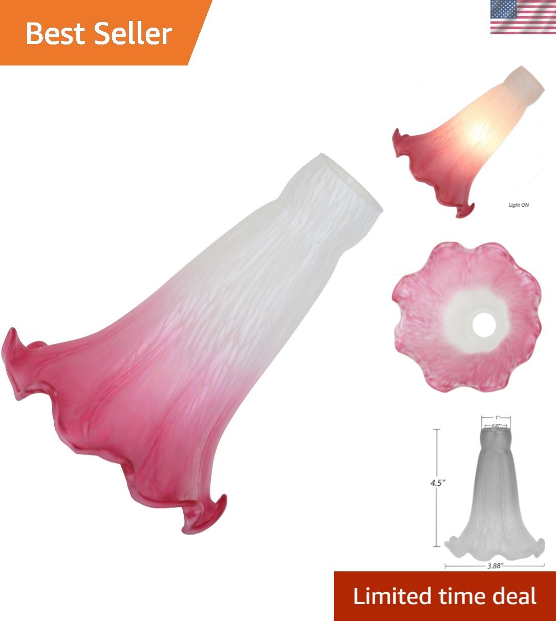 LS02S Lily Flower Blown Glass Lampshade White Pink, Opening I.D. 0.87\