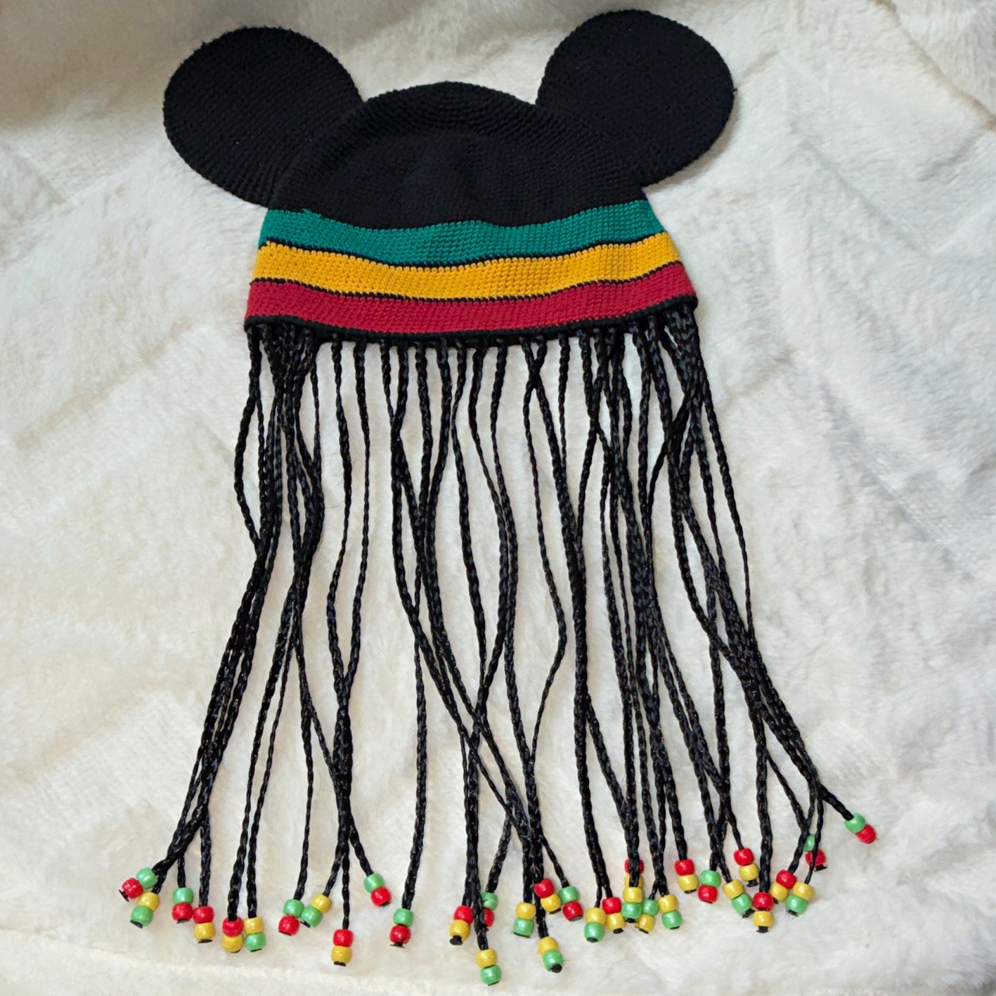 Disney Parks MickeyMouse Ears Rasta Stripe Knit Beanie Braided Fringe Beads NWOT Disney Parks MickeyMouse Ears Rasta Stripe Knit Beanie Braided Fringe Beads NWOT
