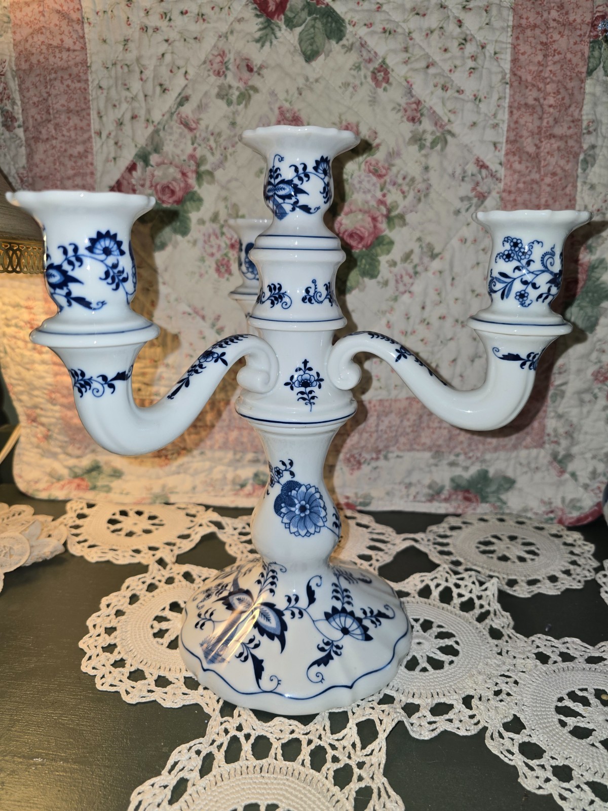 Rare Vintage Blue Danube Porcelain 4-Light Candelabra - Blue Onion Pattern, 3pc