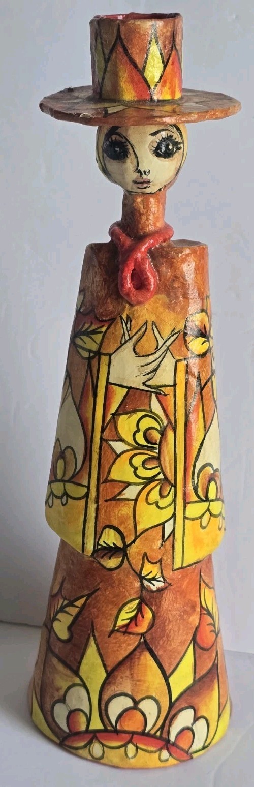 1960 Signed Abelardo Ruiz Mexican Paper Mache Woman Hat Big Eyes 13.5” Vtg