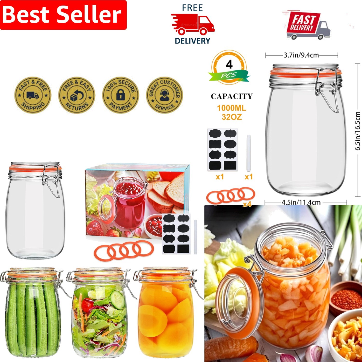 Elegant 32 oz Mason Jar Set with Airtight Hinged Lids for Food Preservation