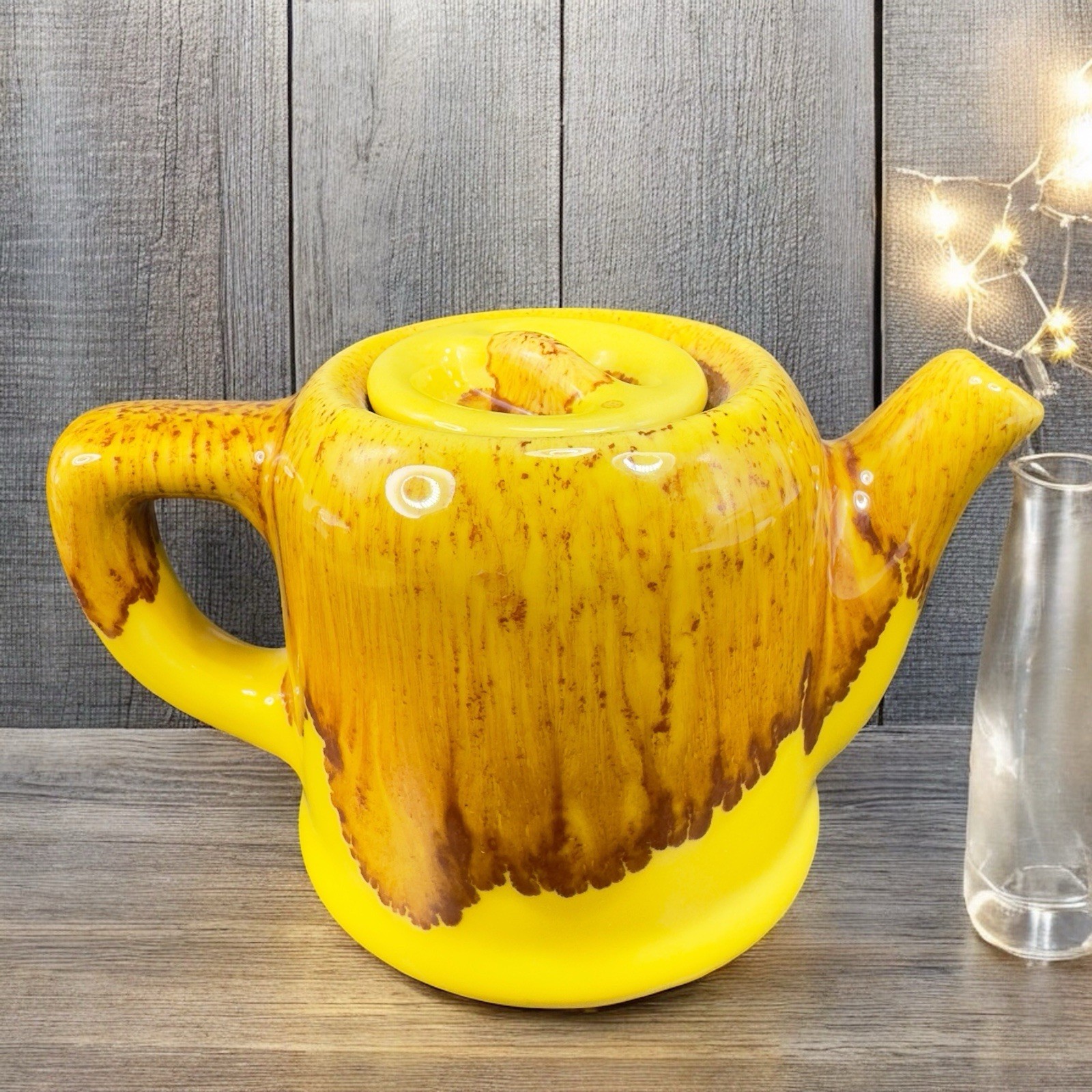 Vintage Hand Made Pottery Teapot Tea Pot Yellow Heavy Drip Glaze Brown VTG