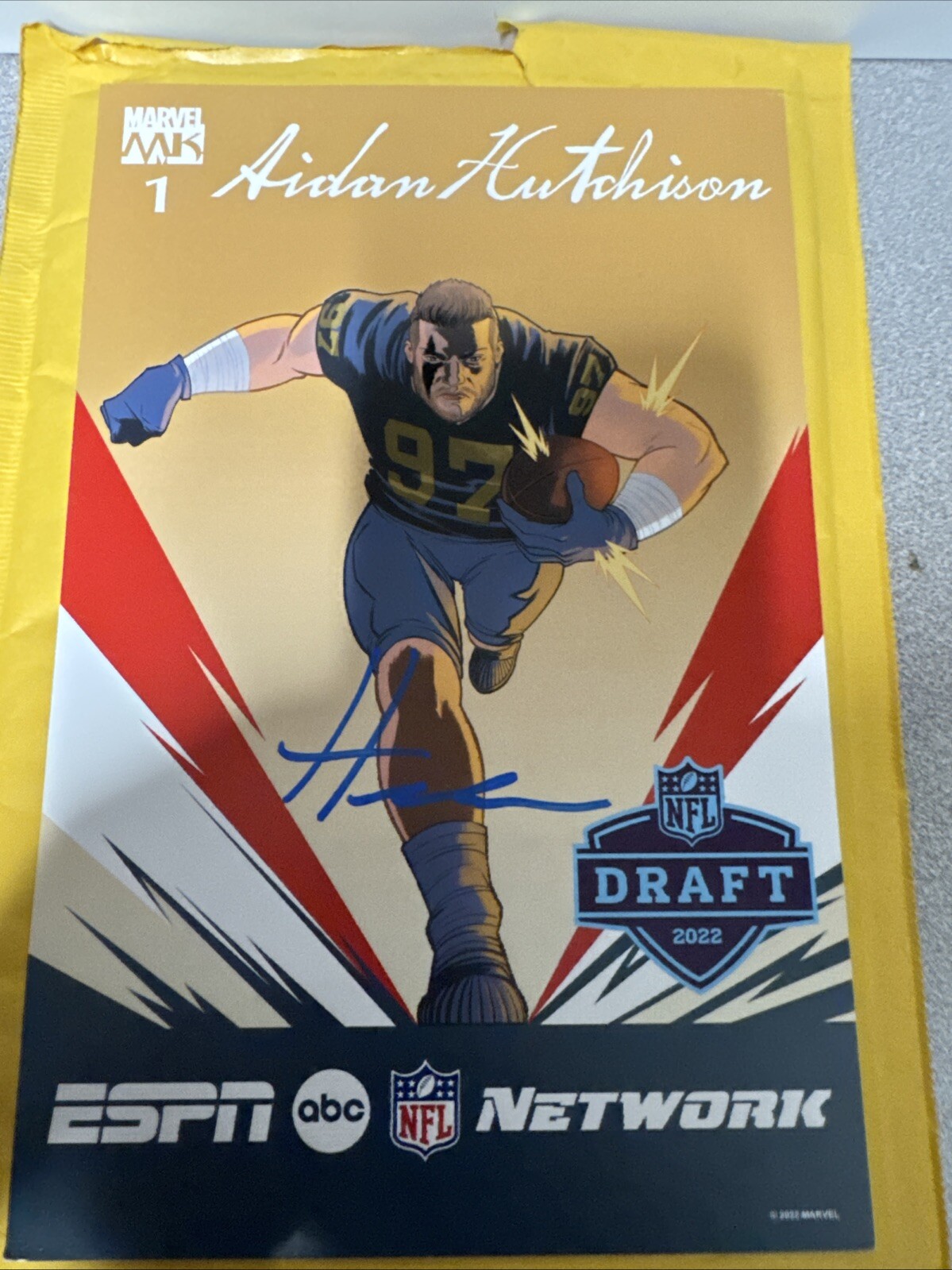 Aidan Hutchinson Autographed Marvel X ESPN Captain America 2022 Draft Art *RARE*