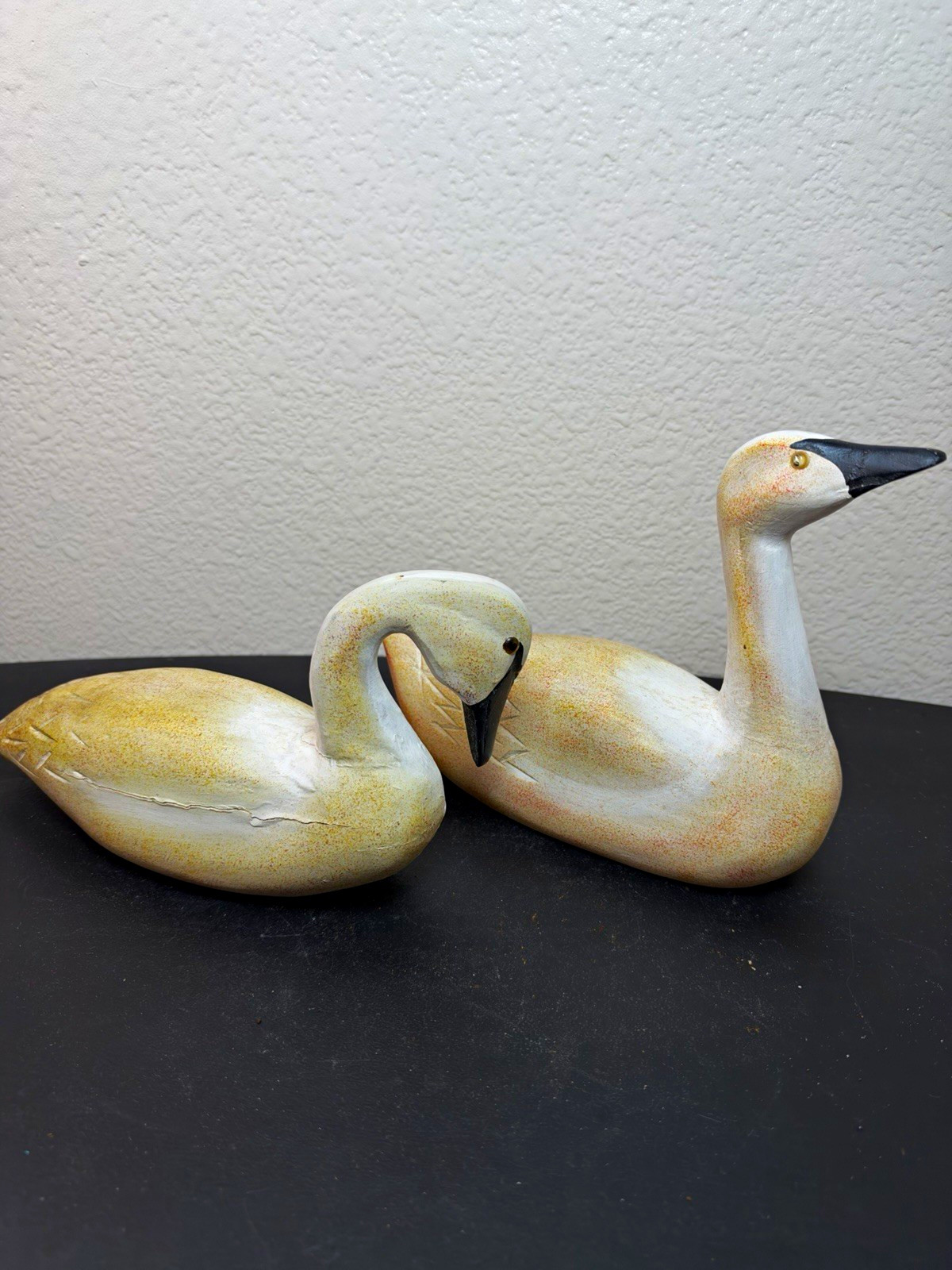 vintage primitive folk art hand-carved wooden swan decoy sculptures, set of 2 vintage primitive folk art hand-carved wooden swan decoy sculptures, set of 2