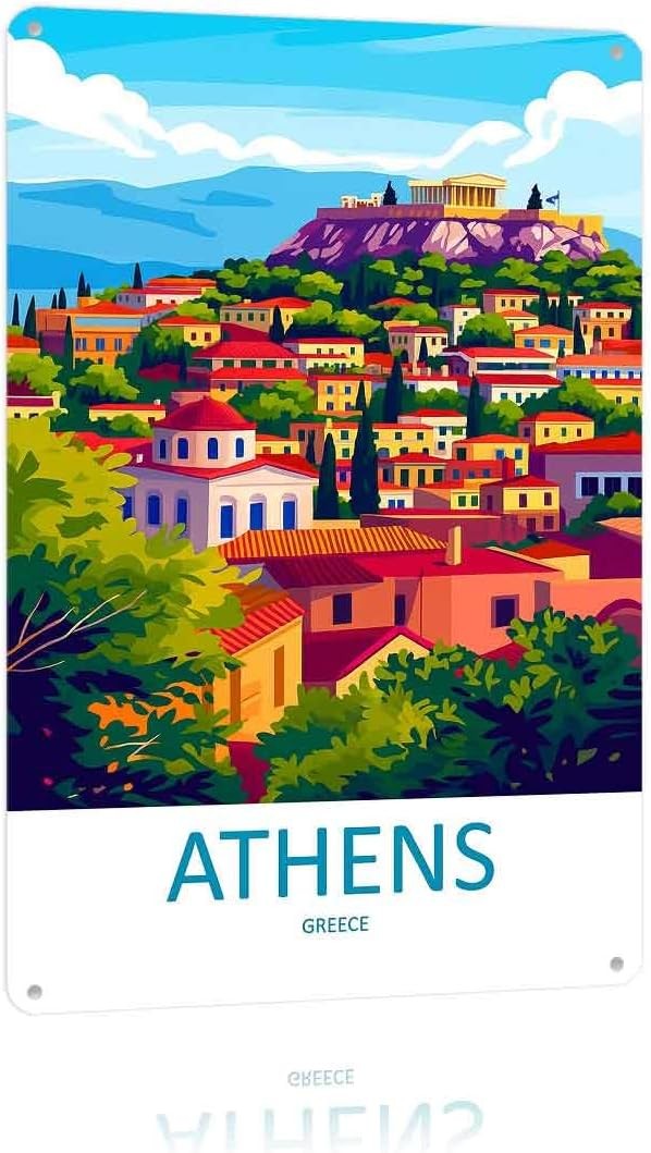 Vintage Travel Tin Metal Signs Home Décor 8x12 Inch Athens Greece Cityscape Wall