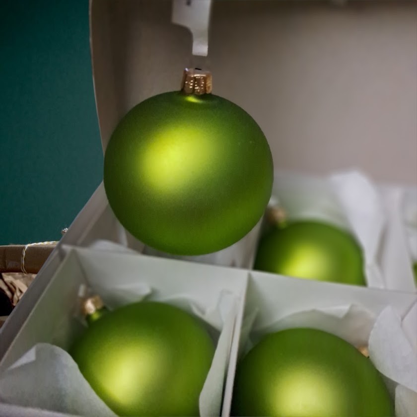 Vintage 1990s Czech Republic Matte Olive Green Glass Christmas Ornaments Set 6