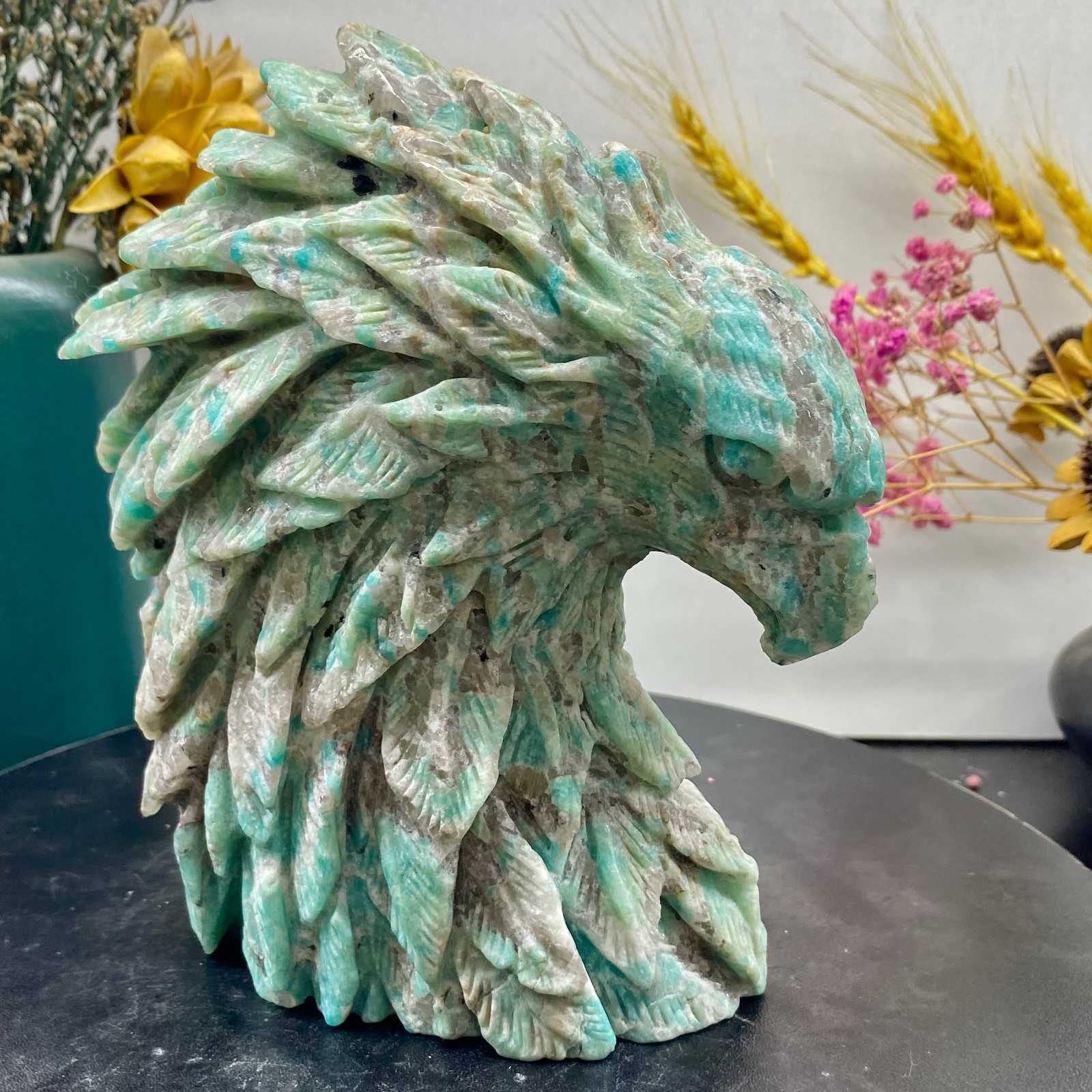 3.46LB Natural Amazonite Carved Eagle Figurine Hand Carved Crystal Hawk Reiki He