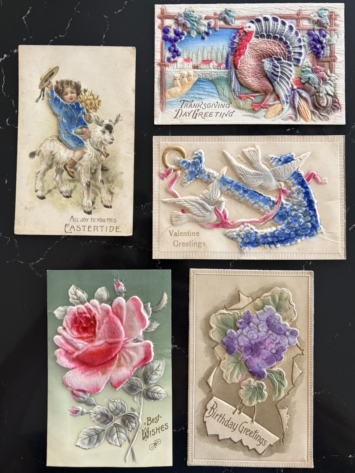 5 Antique Germany Embossed Velvet Flocked Postcards Greetings Holidays