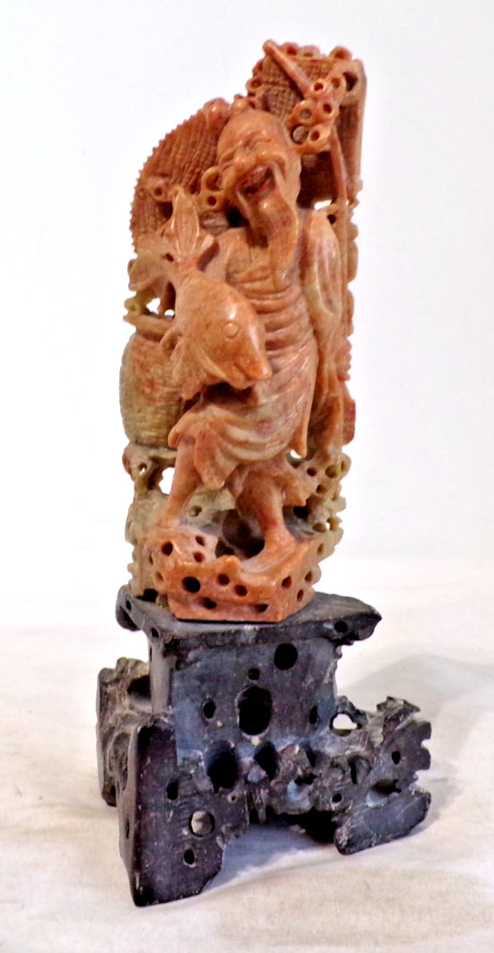 Vintage Chinese Carved Soapstone immortal Figure Holding A Fish - See Below - LT