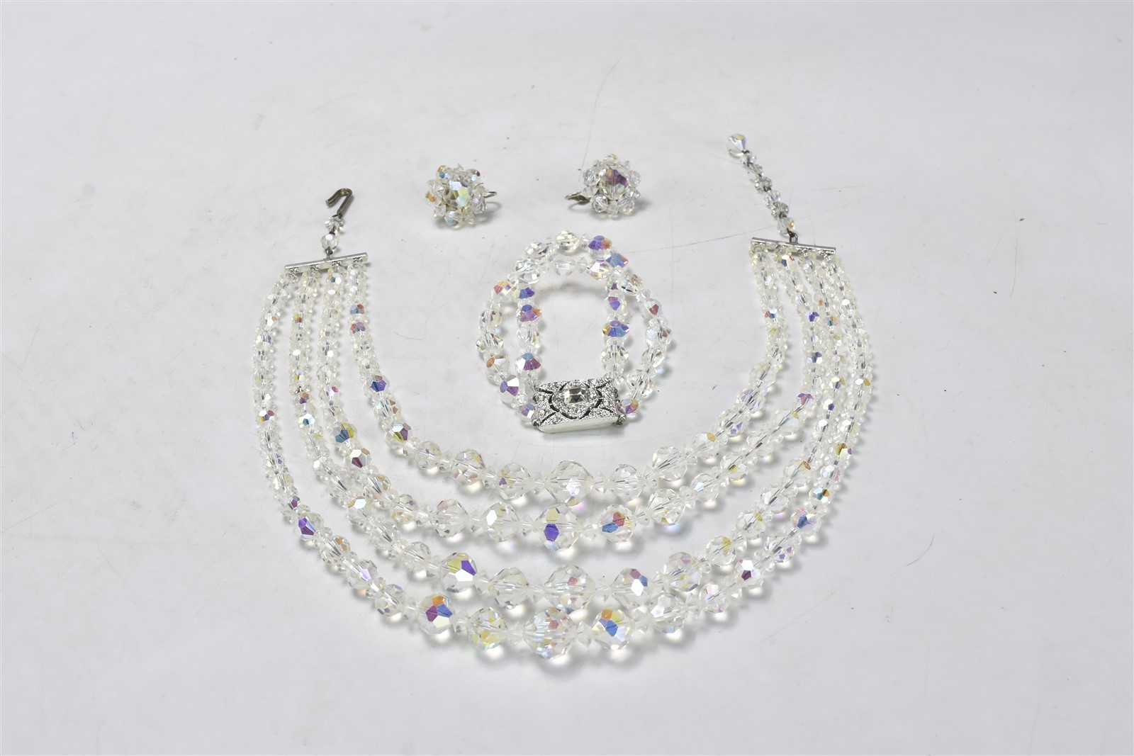 Vintage FACETED CRYSTAL NECKLACE + BRACELET + EARRINGS #08055