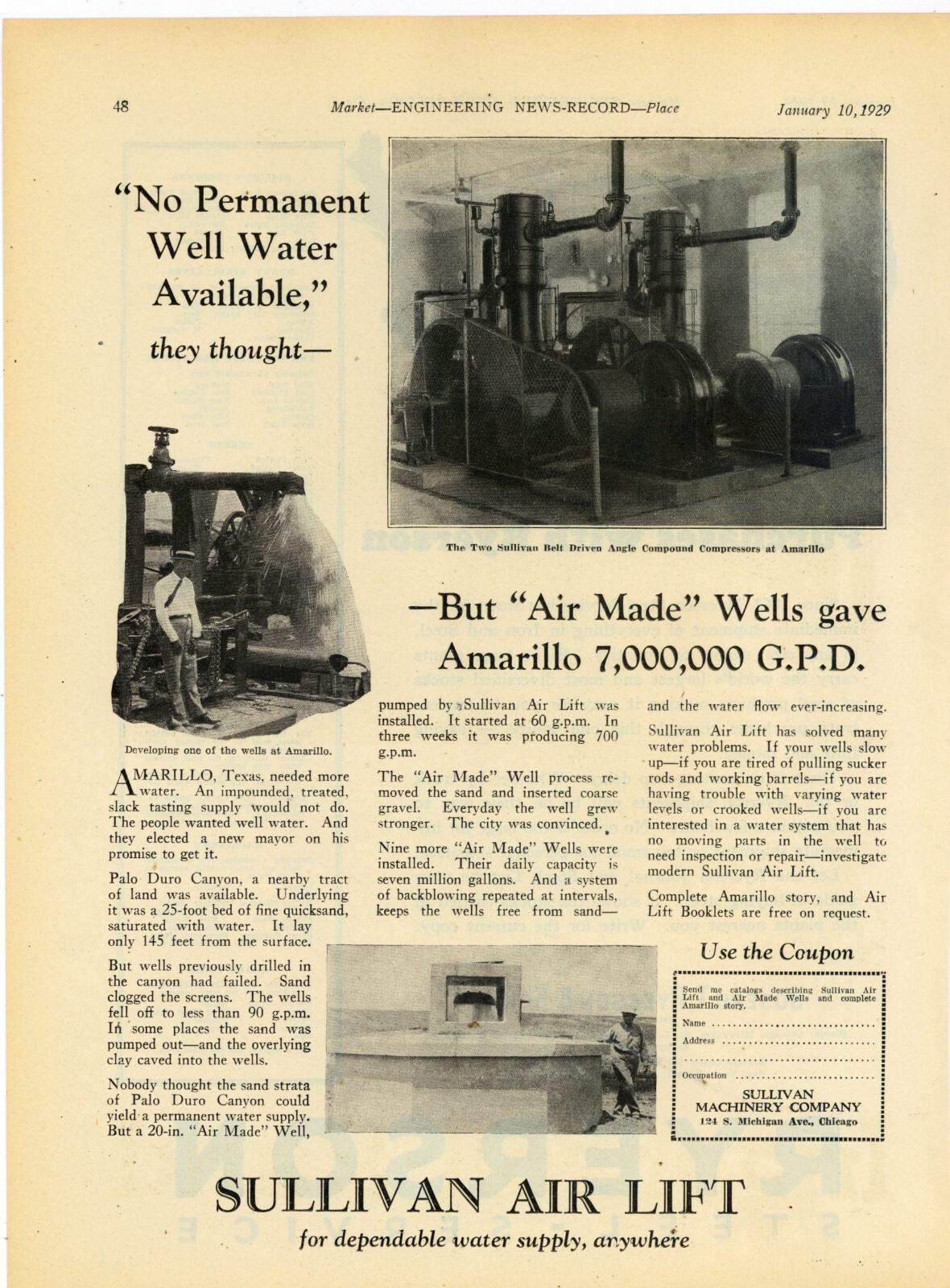1929 Sullivan Air Lift Ad: Amarillo, Texas Water Well in Palo Duro Canyon - Pic