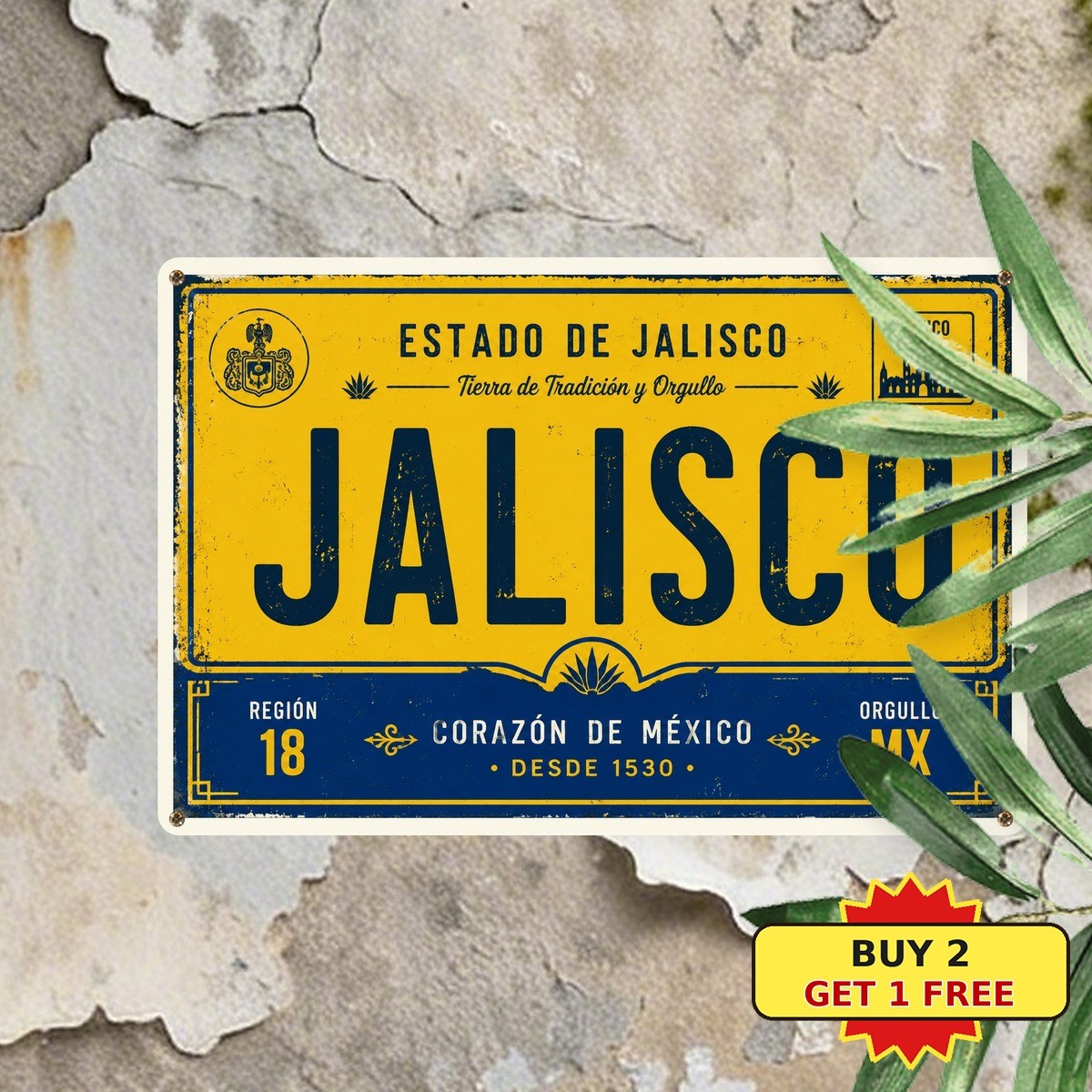 Jalisco Mexico Yellow & Blue Novelty Vehicle Tag Style Metal Sign 8x12