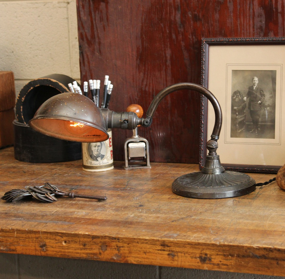 Vtg Antique Art Nouveau Bronze Industrial Cast Desk Table Lamp Light Greist 1930